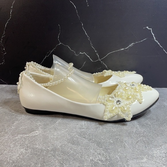 Getmorebeauty Pearl Bows Bridal Flats White Size 9.5m - Picture 5 of 8